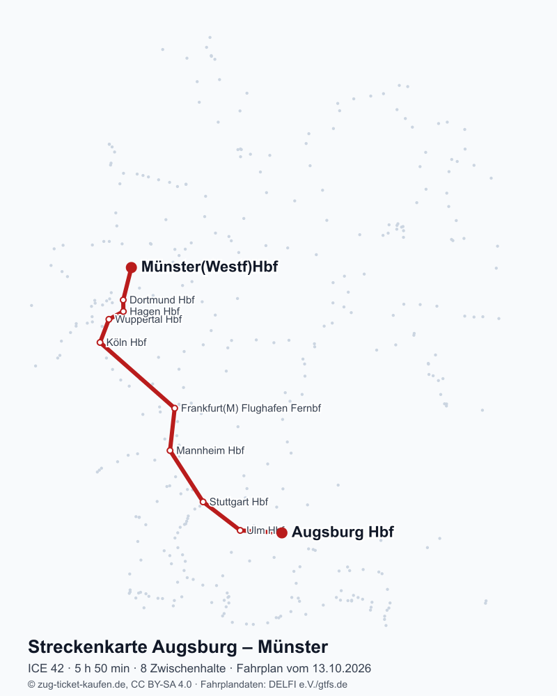 Karte der Bahnstrecke Augsburg – Münster mit ICE 42 über Ulm Hbf, Stuttgart Hbf, Mannheim Hbf, Frankfurt(M) Flughafen Fernbf, Köln Hbf, Wuppertal Hbf, Hagen Hbf, Dortmund Hbf