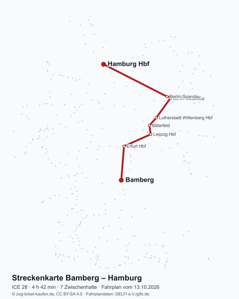 Karte der Bahnstrecke Bamberg – Hamburg mit ICE 28 über Erfurt Hbf, Leipzig Hbf, Bitterfeld, Lutherstadt Wittenberg Hbf, Berlin Südkreuz, Berlin Hbf, Berlin-Spandau