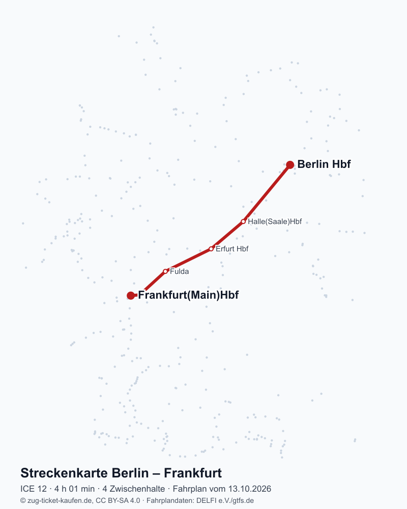 Karte der Bahnstrecke Berlin – Frankfurt mit ICE 12 über Halle(Saale)Hbf, Erfurt Hbf, Fulda, Hanau Hbf