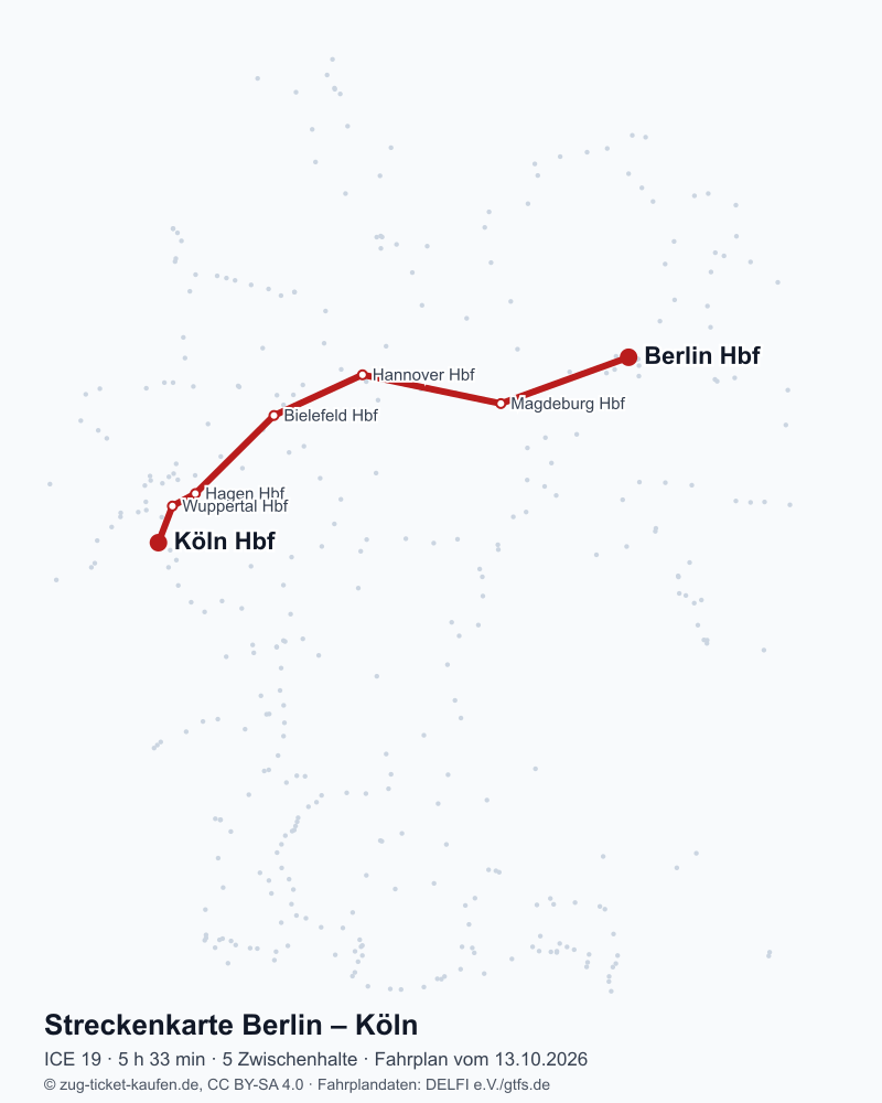 Karte der Bahnstrecke Berlin – Köln mit ICE 19 über Magdeburg Hbf, Hannover Hbf, Bielefeld Hbf, Hagen Hbf, Wuppertal Hbf