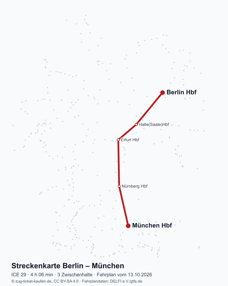 Karte der Bahnstrecke Berlin – München mit ICE 29 über Halle(Saale)Hbf, Erfurt Hbf, Nürnberg Hbf