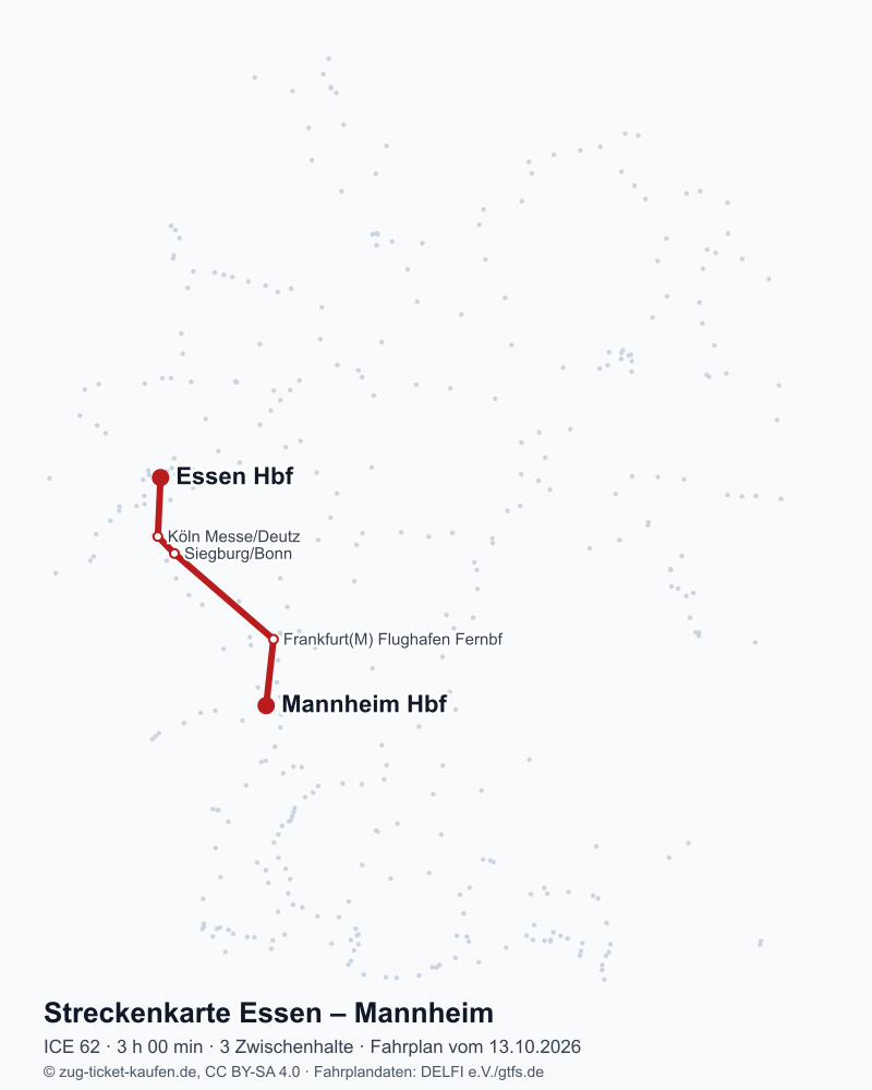Karte der Bahnstrecke Essen – Mannheim mit ICE 62 über Köln Messe/Deutz, Siegburg/Bonn, Frankfurt(M) Flughafen Fernbf