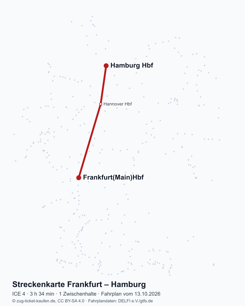 Karte der Bahnstrecke Frankfurt – Hamburg mit ICE 4 über Hannover Hbf