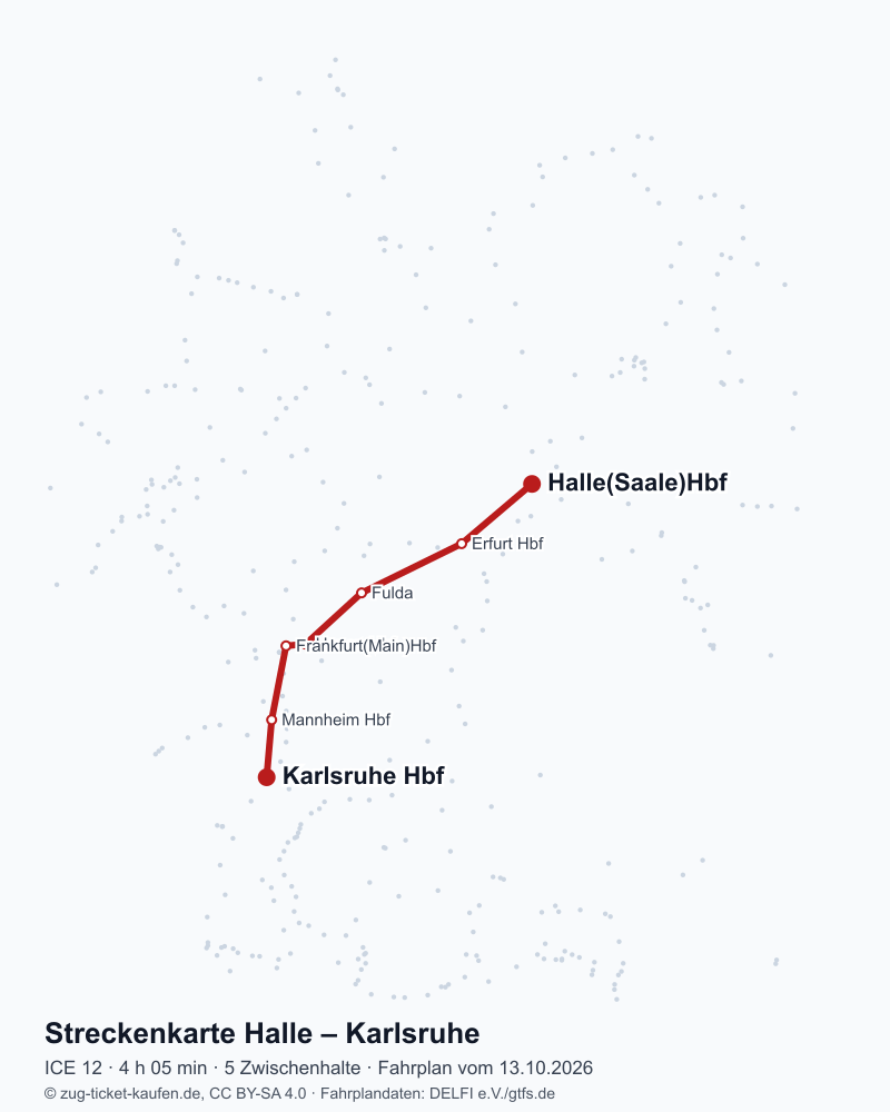 Karte der Bahnstrecke Halle – Karlsruhe mit ICE 12 über Erfurt Hbf, Fulda, Hanau Hbf, Frankfurt(Main)Hbf, Mannheim Hbf
