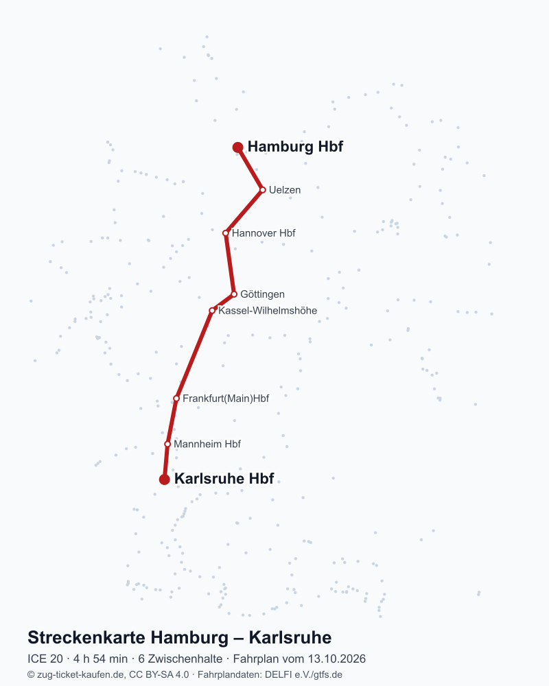 Karte der Bahnstrecke Hamburg – Karlsruhe mit ICE 20 über Uelzen, Hannover Hbf, Göttingen, Kassel-Wilhelmshöhe, Frankfurt(Main)Hbf, Mannheim Hbf