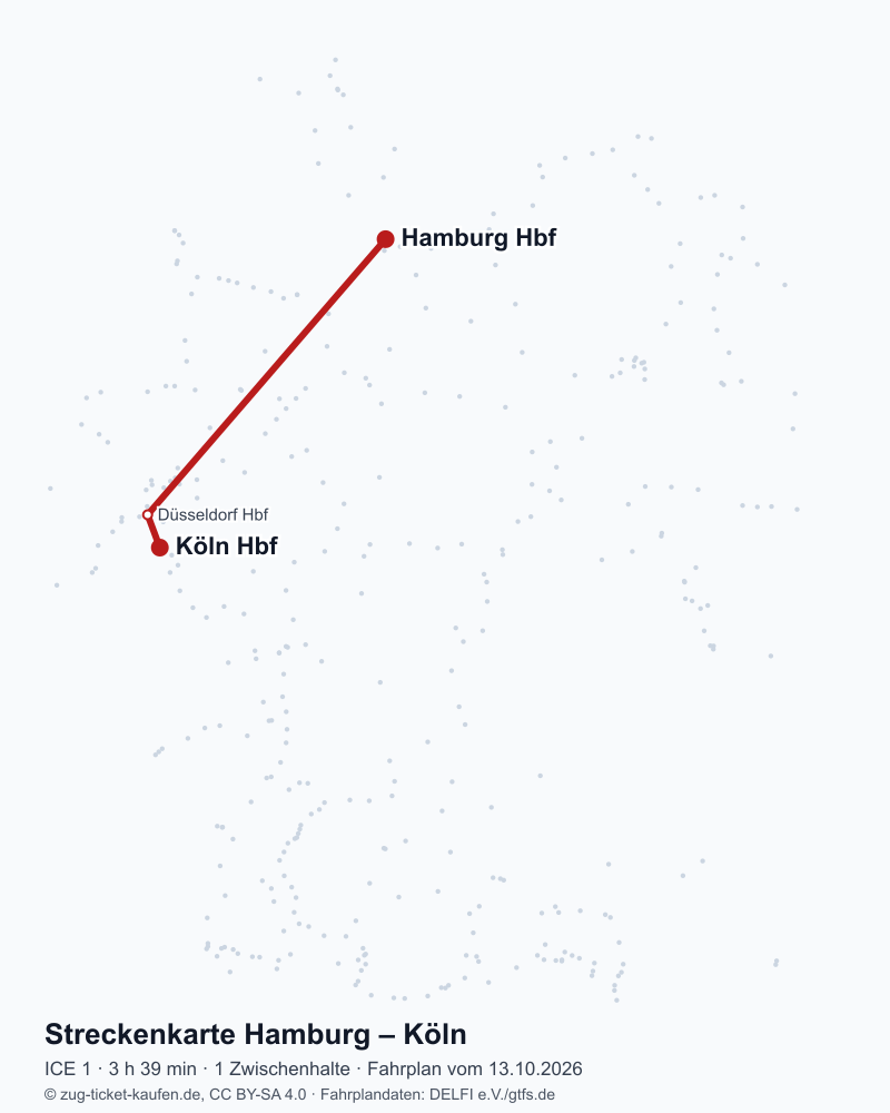 Karte der Bahnstrecke Hamburg – Köln mit ICE 1 über Düsseldorf Hbf