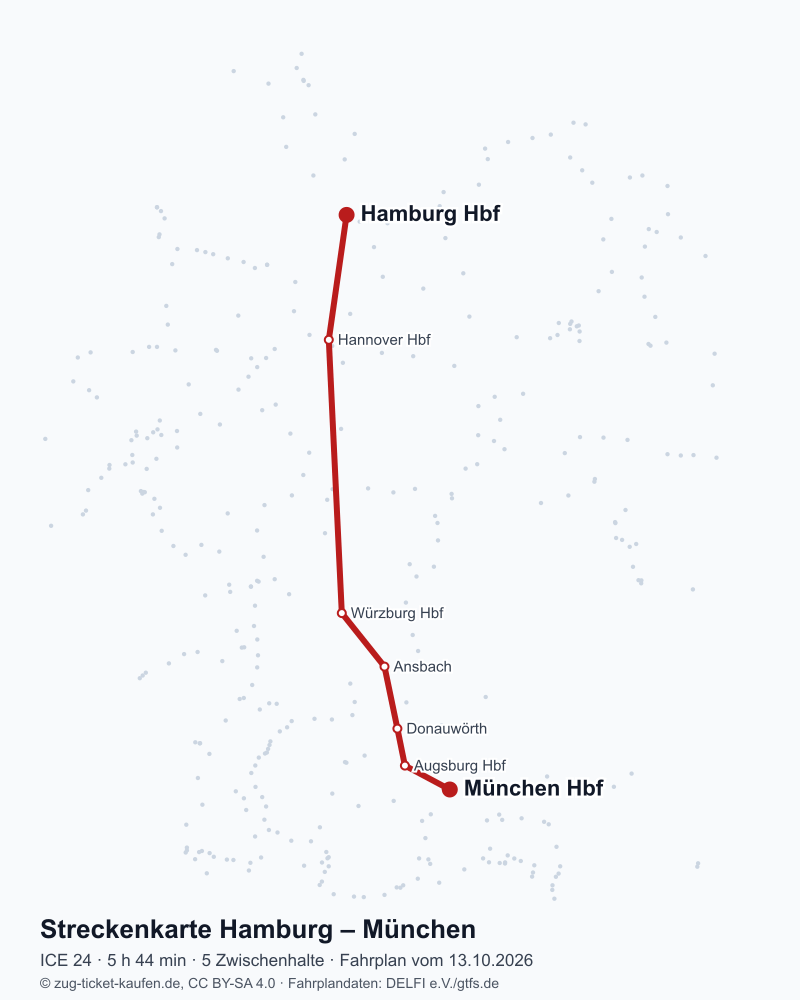 Karte der Bahnstrecke Hamburg – München mit ICE 24 über Hannover Hbf, Würzburg Hbf, Ansbach, Donauwörth, Augsburg Hbf