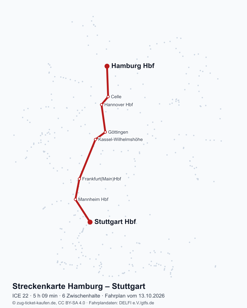 Karte der Bahnstrecke Hamburg – Stuttgart mit ICE 22 über Celle, Hannover Hbf, Göttingen, Kassel-Wilhelmshöhe, Frankfurt(Main)Hbf, Mannheim Hbf