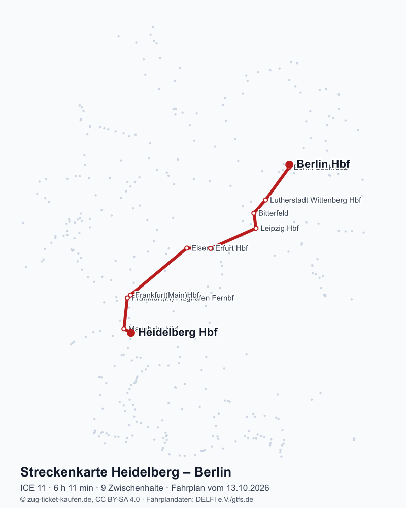 Karte der Bahnstrecke Heidelberg – Berlin mit ICE 11 über Mannheim Hbf, Frankfurt(M) Flughafen Fernbf, Frankfurt(Main)Hbf, Eisenach Hbf, Erfurt Hbf, Leipzig Hbf, Bitterfeld, Lutherstadt Wittenberg Hbf, Berlin Südkreuz