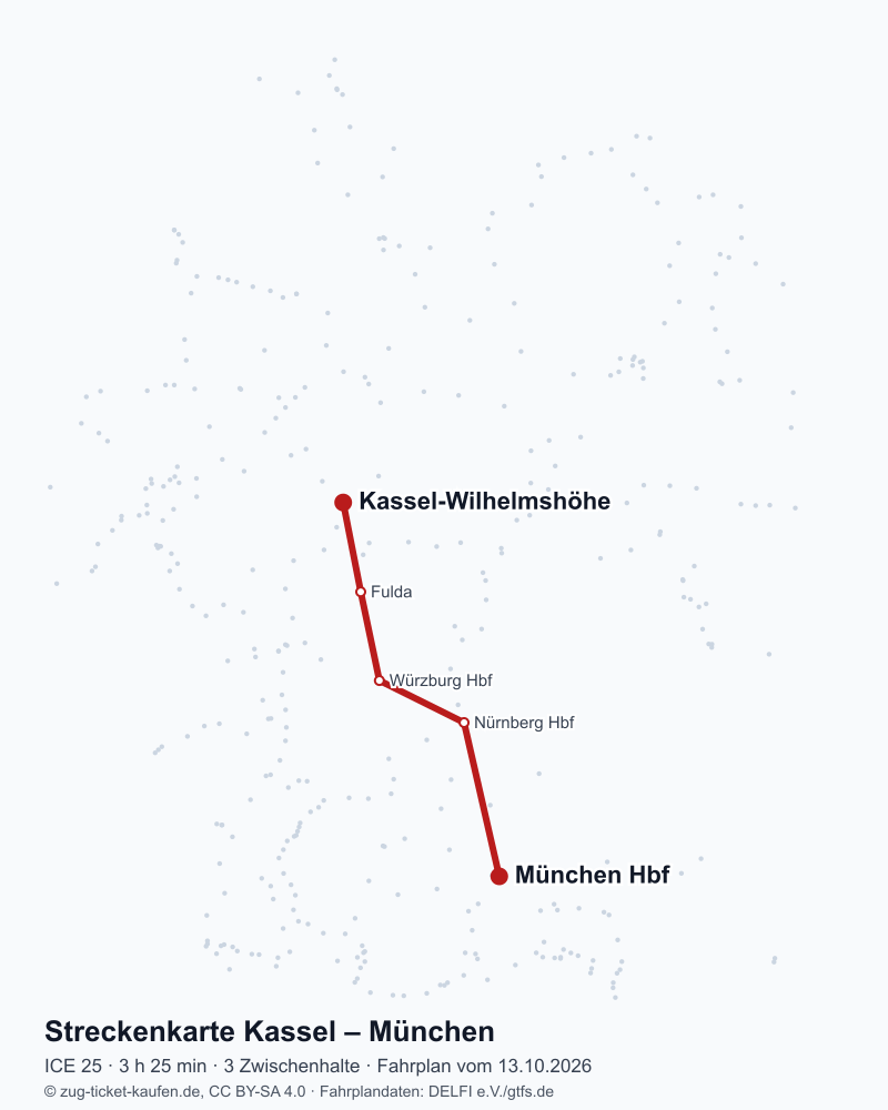 Karte der Bahnstrecke Kassel – München mit ICE 25 über Fulda, Würzburg Hbf, Nürnberg Hbf