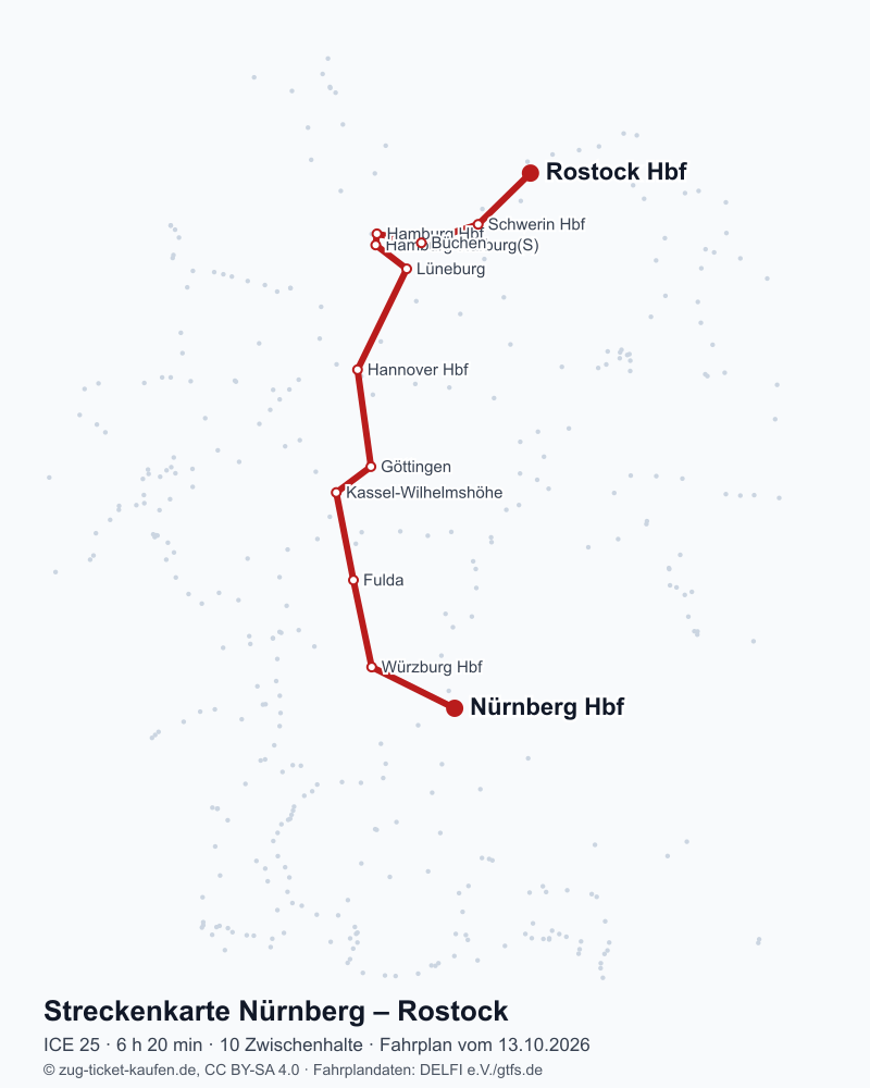Karte der Bahnstrecke Nürnberg – Rostock mit ICE 25 über Würzburg Hbf, Fulda, Kassel-Wilhelmshöhe, Göttingen, Hannover Hbf, Lüneburg, Hamburg-Harburg(S), Hamburg Hbf, Büchen, Schwerin Hbf